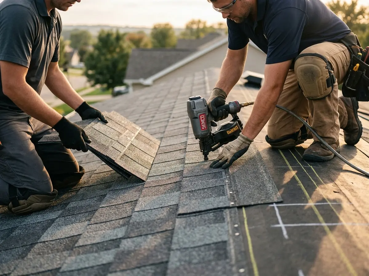 Professional roofer working on a residential roof in Manhattan Beach